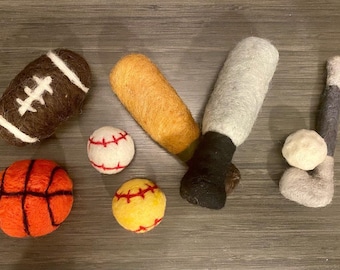 Needle Felted Sports set, Felted bat and ball, Newborn sports Prop, Felted basketball props, felted golf props,felted hatchet