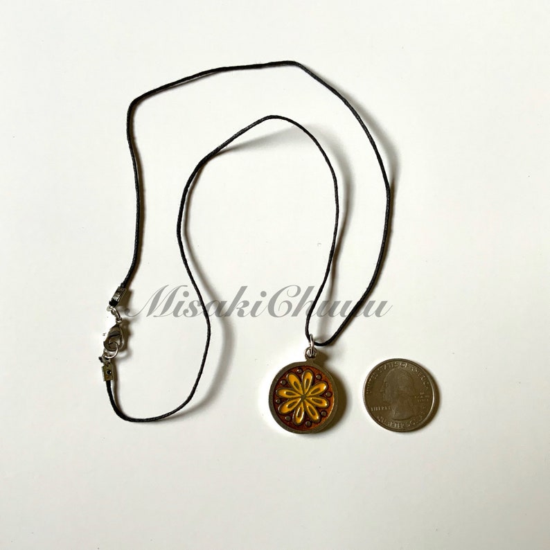 Round Flower Enamel Charm Necklace with Wax Chord Chain