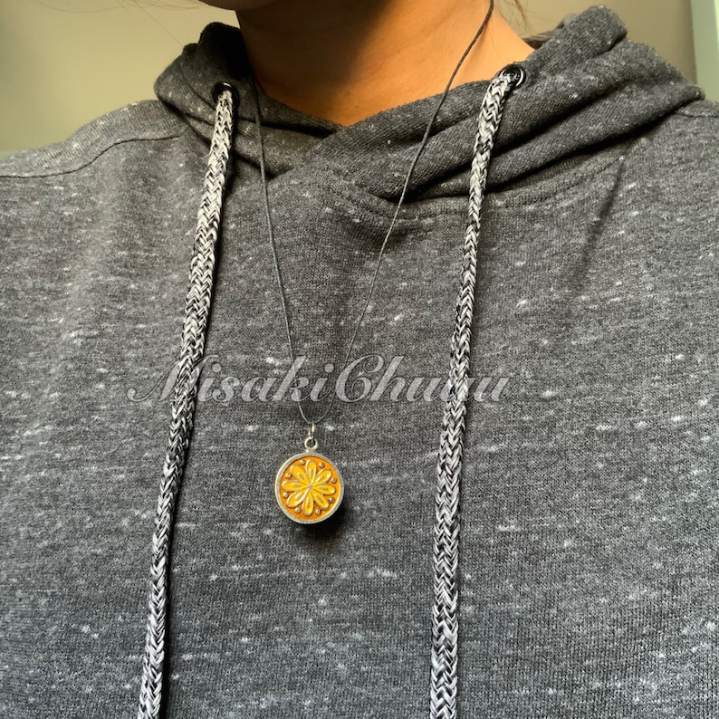 Round Flower Enamel Charm Necklace with Wax Chord Chain