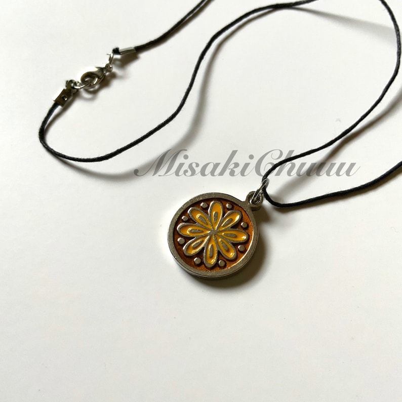 Round Flower Enamel Charm Necklace with Wax Chord Chain