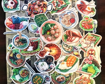 May include: A collection of colorful stickers featuring various Asian dishes. The stickers showcase detailed illustrations of meals like noodles, rice dishes, and seafood, with vibrant colors and intricate details. Perfect for decorating notebooks, laptops, or scrapbooks.