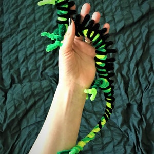 May include: A green and black pipe cleaner dragon toy. The dragon is curled in a S shape and has a long tail.