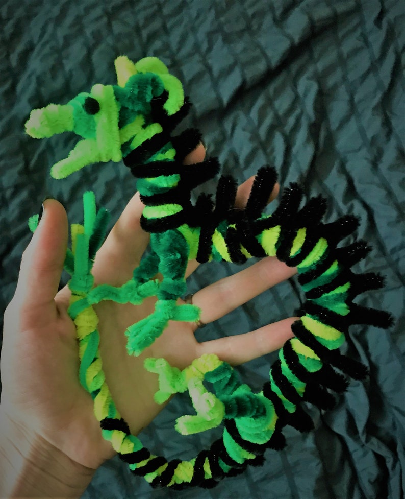 May include: A green and black pipe cleaner dragon with a long, curled tail. The dragon is made of pipe cleaners and has a green body with black stripes.
