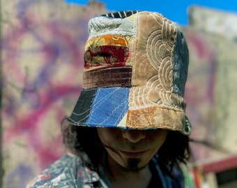 Unisex Postapocalyptic Circus Patched Velveteen Bucket Hat