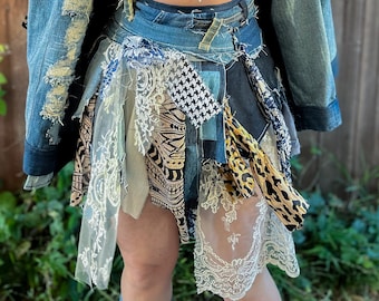 Denim And Mixed Fabric Scrap Skirt