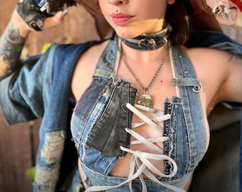 Postapocalyptic Patched Denim Bralette With Lacing