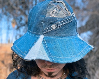 Postapocalyptic Denim Patched Round Sun Hat