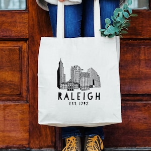Raleigh Skyline, Natural Canvas Bag, Screenprinted Tote, Cotton Flour Sack, Funny Tote Bag