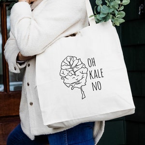 Oh Kale No, Natural Canvas Bag, Screenprinted Tote, Cotton Flour Sack, Funny Tote Bag