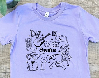 Kid's Tee, Shirts With Sayings, Swiftie Collage, Columbia Blue or Lavender, Unisex, Girls, Boys, Reputation, Midnights, 1989