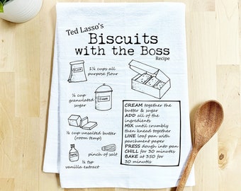 Flour Sack Dish Towel, Biscuits With The Boss, Funny Kitchen Decor Housewarming Anniversary Gift, White or Gray