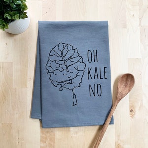 Flour Sack Dish Towel, Oh Kale No, Funny Dish Towel, Farmhouse Kitchen Decor Housewarming Anniversary Gift, White or Gray image 1