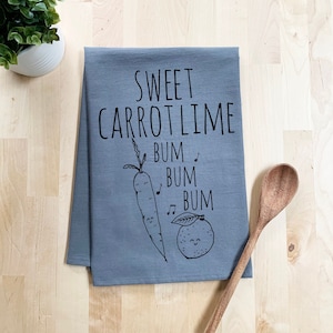 Funny Kitchen Towel, Sweet Carrot Lime, Flour Sack Dish Towel, Sweet Housewarming Gift, Farmhouse Kitchen Decor, White or Gray