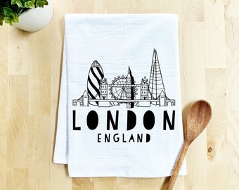 Serviette de cuisine drôle, London Skyline, serviette de vaisselle de sac de farine, cadeau doux de pendaison de crémaillère, décor de cuisine de ferme, blanc ou gris