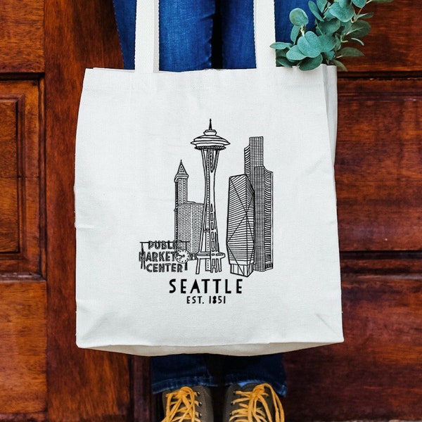 Seattle Skyline, Natural Canvas Bag, Screenprinted Tote, Cotton Flour Sack, Funny Tote Bag