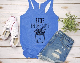 Yoga Tee Gift for Her Shirts with Sayings Heather Gray or Royal Blue Fries Before Guys Womens Graphic Racerback Tank Top