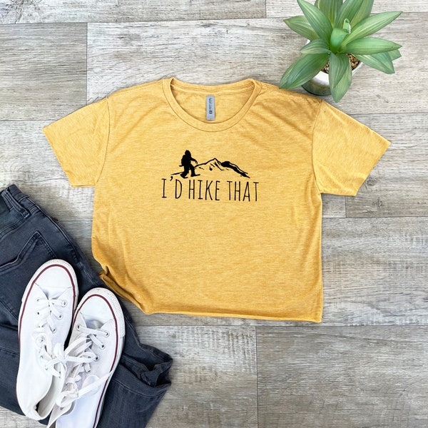 Women's Crop Tee, Graphic Tee, Shirts with Sayings, I'd Hike That, Heather Gray or Gold