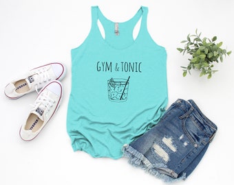 Women's Graphic Racerback Tank Top, Gym & Tonic, Funny Gift for Her, Shirts with Sayings, Yoga Tee, Heather Gray, Envy, or Tahiti