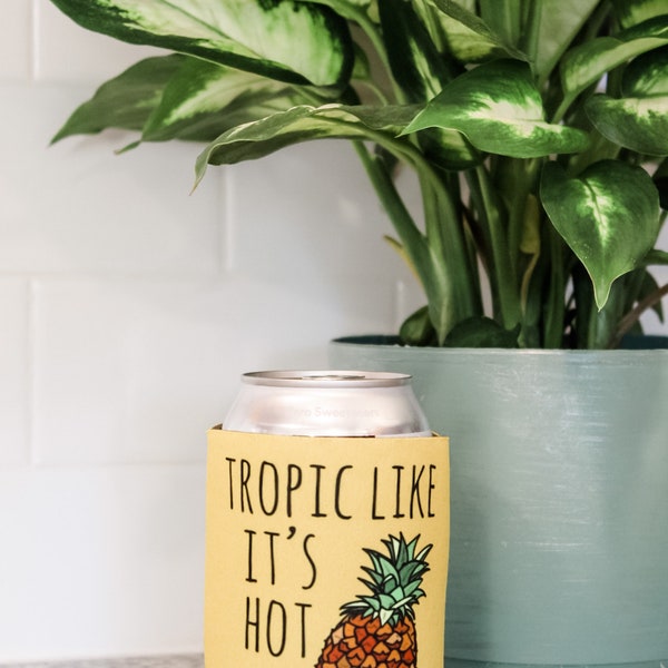 Tropic Like It's Hot - Can Cooler ~ Music Pun, Tropical Theme, Vacation Gift