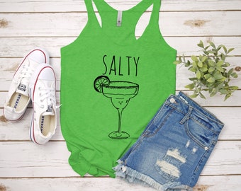 Women's Graphic Racerback Tank Top, Salty, Funny Gift for Her, Shirts with Sayings, Yoga Tee, Heather Gray, Envy, or Tahiti