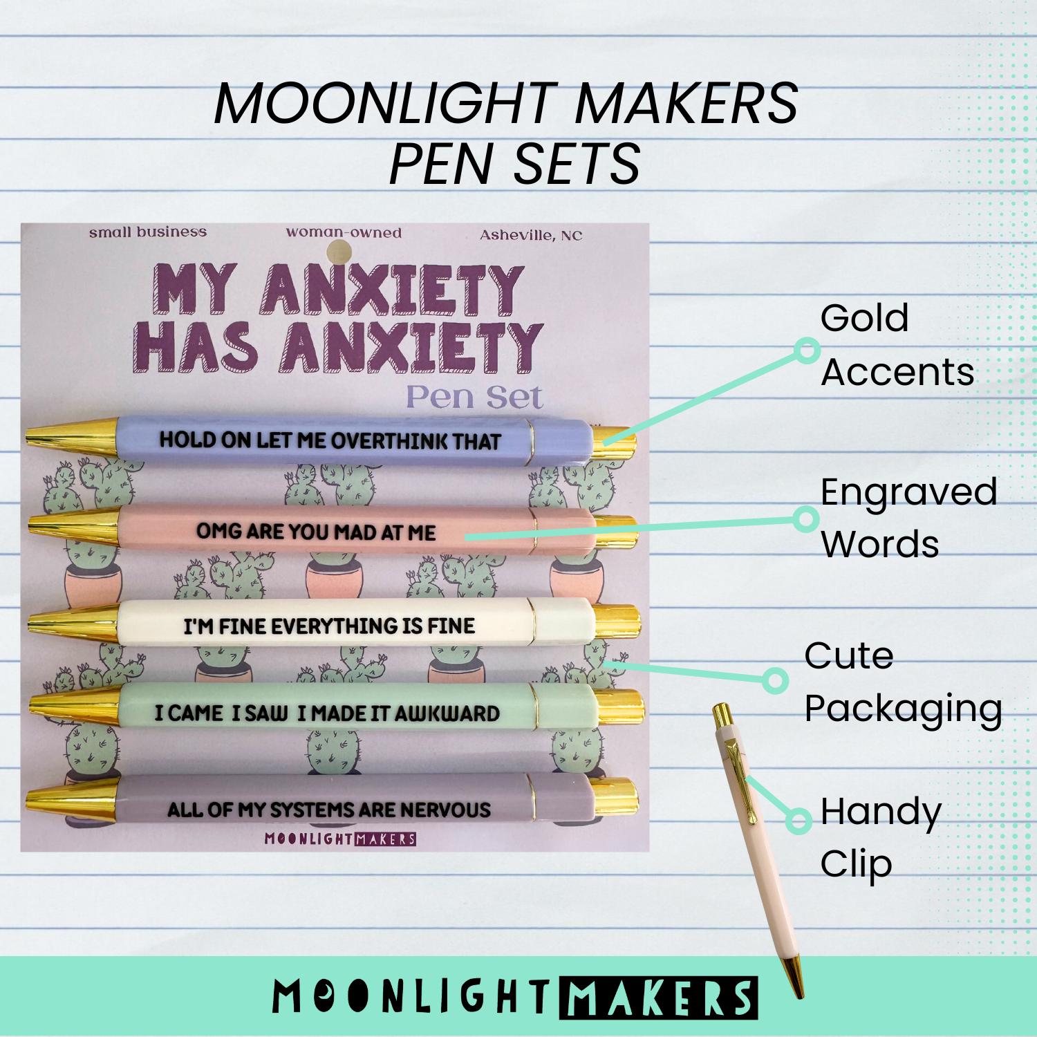 Funny Motivational Pen Set, My Anxiety Has Anxiety, Cute Gag Gift, Funny Pens, Black Ink Pens, Office & School Supplies, Work Pens