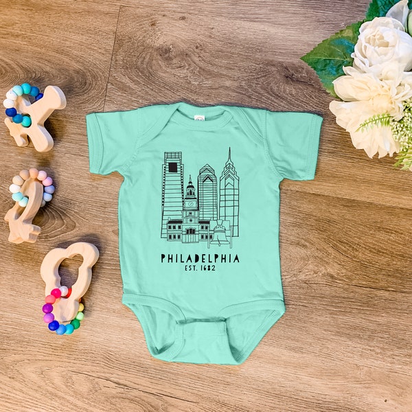 Funny Baby Clothes, Sweet Baby Bodysuit, Downtown Philadelphia, PA, Philly, Heather Gray, Lavender, or Chill