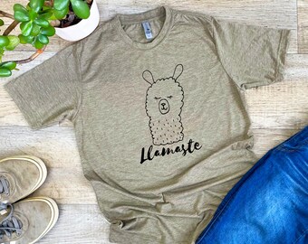 Graphic Men's/Unisex Tee, Llamaste, Funny T Shirt, Shirts with Sayings, Stonewash Blue or Sage