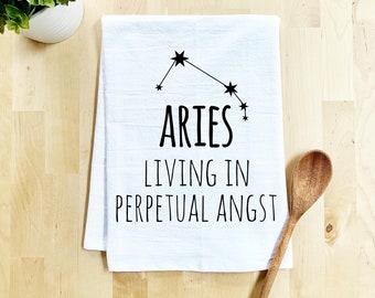 Funny Kitchen Towel, Aries Zodiac, Flour Sack Dish Towel, Sweet Housewarming Gift, Farmhouse Kitchen Decor, White or Gray