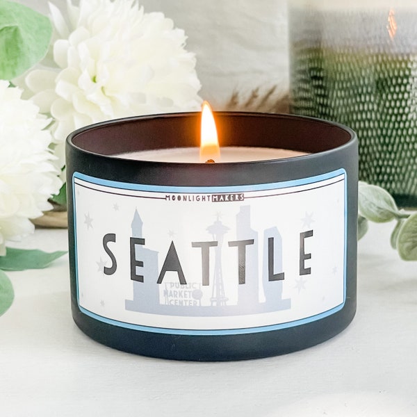 Seattle Candle, Seattle Skyline 100% Natural Soy Wax Scented Candle, Choose Your Scent, 8oz Candle Tin, Bachelorette Gift, Wedding Gift