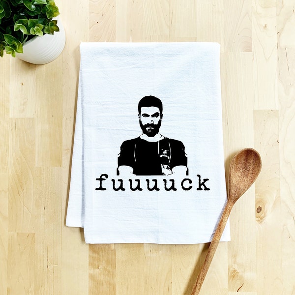 Flour Sack Dish Towel, Fuuuuck (Roy Kent), Funny Kitchen Decor Housewarming Anniversary Gift, White or Gray