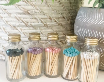 Minimalist Matches, 50 Matchsticks in Glass Jar, Home Decor Candle Accessories, Safety Matches with Colored Tips & Strike Pad (5 Colors)