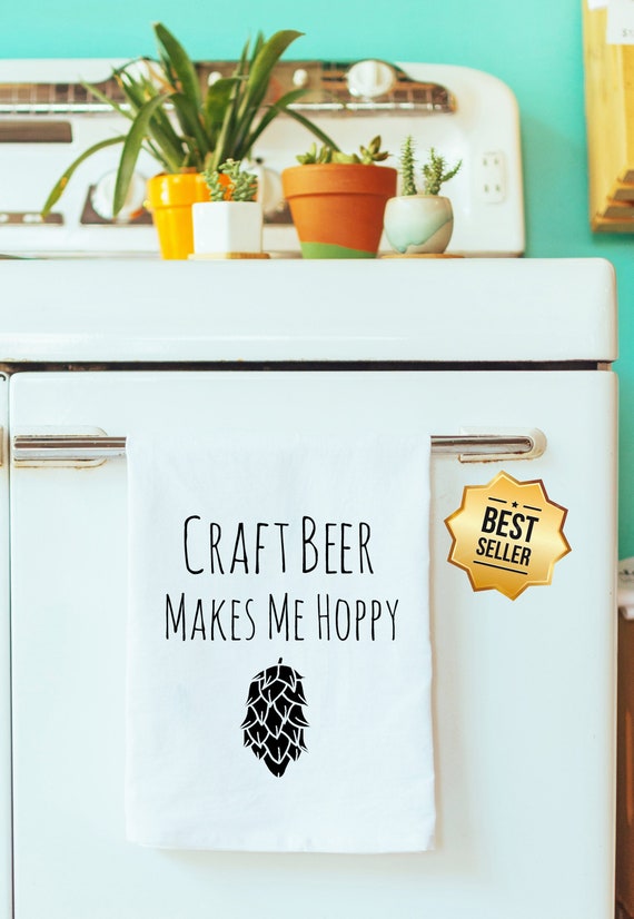 Pun ~ Gray Funny Dishcloth//Tea Towel ~ Craft Beer Makes Me Hoppy ~ Funny Kitchen Cloth