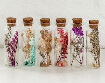 Glass Bottle of Dried Flowers - 3" or 6"- Nature, Home Decor, Decorative Elegant Glass Vial - Birthday For Her, Wedding Favors, Mother's Day