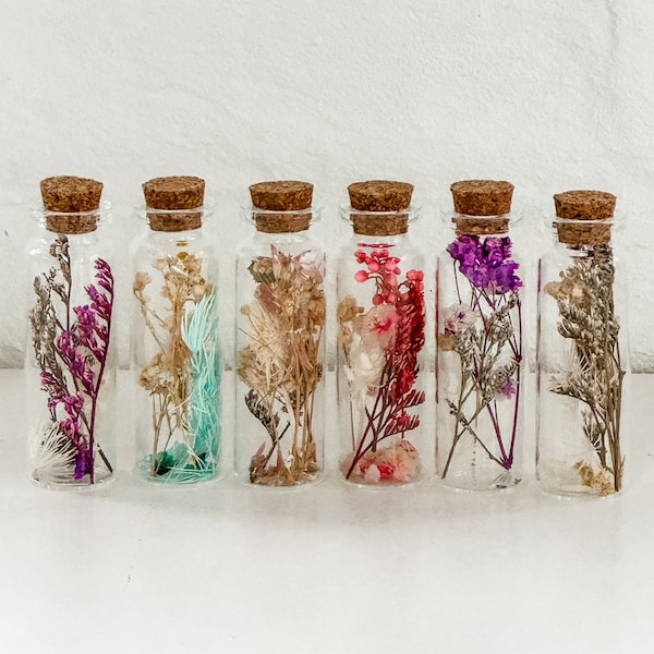 Glass Bottle of Dried Flowers - 3" or 6"- Nature, Home Decor, Decorative Elegant Glass Vial - Birthday For Her, Wedding Favors, Mother's Day