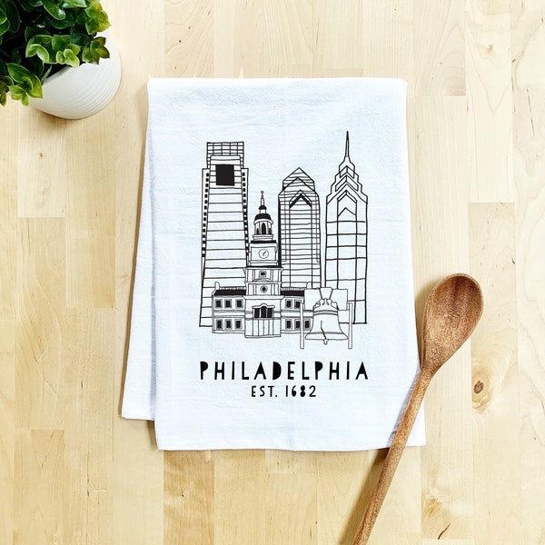 Flour Sack Dish Towel, Downtown Philadelphia, PA, Philly, Sweet Farmhouse Kitchen Decor Housewarming Anniversary Gift, White or Gray