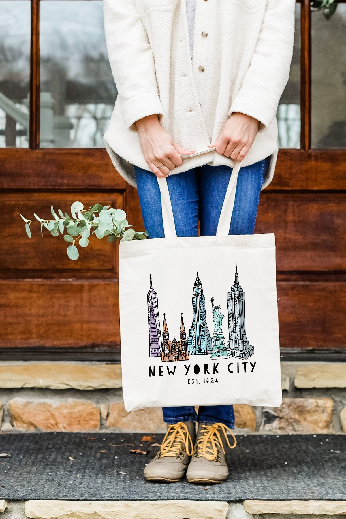 New York City Skyline NYC 100% Cotton Canvas Natural Tote 