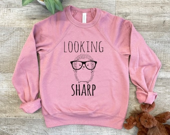 Kid's Sweatshirt, Screenprinted Sweater, Looking Sharp (Hedgehog), Heather Gray or Mauve, Shirts With Sayings