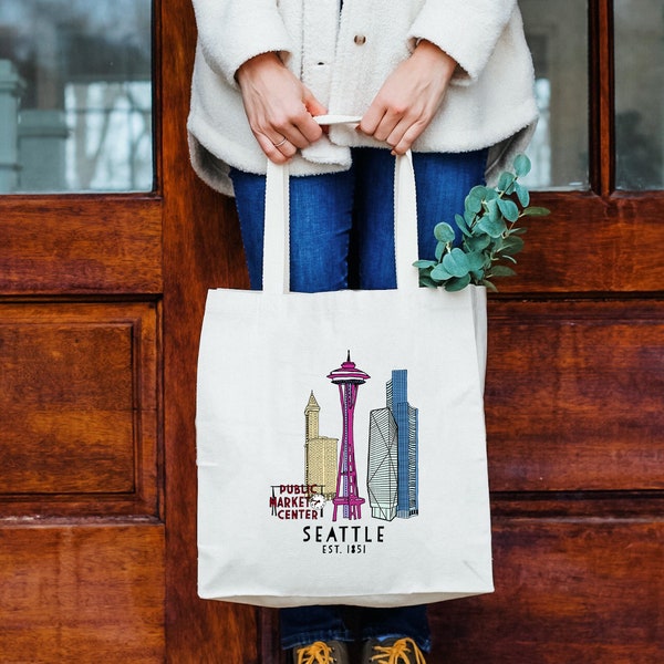 Seattle Skyline, 100% Cotton Canvas, Natural Tote Bag, Full-Color Tote, Funny Design