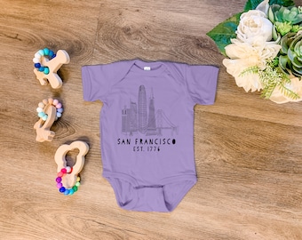 Funny Baby Clothes, Sweet Baby Bodysuit, San Francisco Skyline, Baby Clothes, Heather Gray, Lavender, or Chill