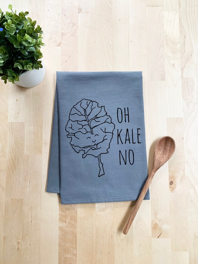 Flour Sack Dish Towel, Oh Kale No, Funny Dish Towel, Farmhouse Kitchen Decor Housewarming Anniversary Gift, White or Gray image 1