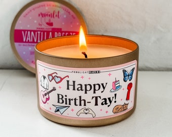 Funny Birthday Gift, Happy Birth-Tay!, 100% Natural Soy Wax Scented Candle, Vanilla Breeze, 8oz Candle Tin