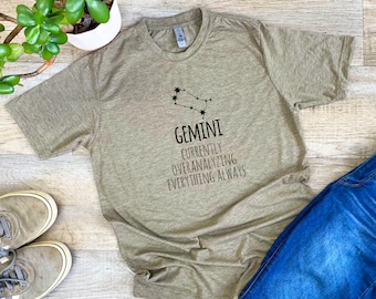 Graphic Men's/Unisex Tee, Gemini (Currently Overanalyzing Everything), Funny T Shirt, Shirts with Sayings, Stonewash Blue or Sage