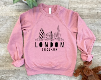 Kid's Sweatshirt, Screenprinted Sweater, London Skyline, Heather Gray or Mauve, Shirts With Sayings