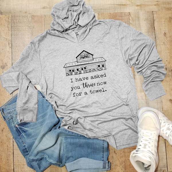 Unisex grafische hoodie, ik heb je nu driemaal gevraagd voor een handdoek lange mouw hoodie, gezeefdrukt, sweatshirt, shirts met spreuken, grijs