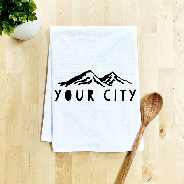 Flour Sack Dish Towel, Custom Personalized Design, Your City Mountains Dish Towel, White Or Gray, Farmhouse Kitchen Decor, Sweet Gift