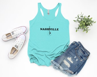 Women's Graphic Racerback Tank Top, Nashville Tennessee (Guitar), Funny Gift for Her, Yoga Tee, Heather Gray, Envy, or Tahiti
