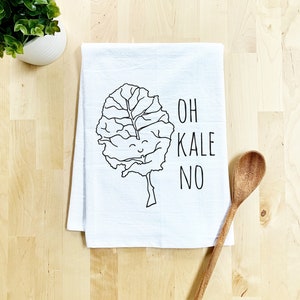 Flour Sack Dish Towel, Oh Kale No, Funny Dish Towel, Farmhouse Kitchen Decor Housewarming Anniversary Gift, White or Gray image 2