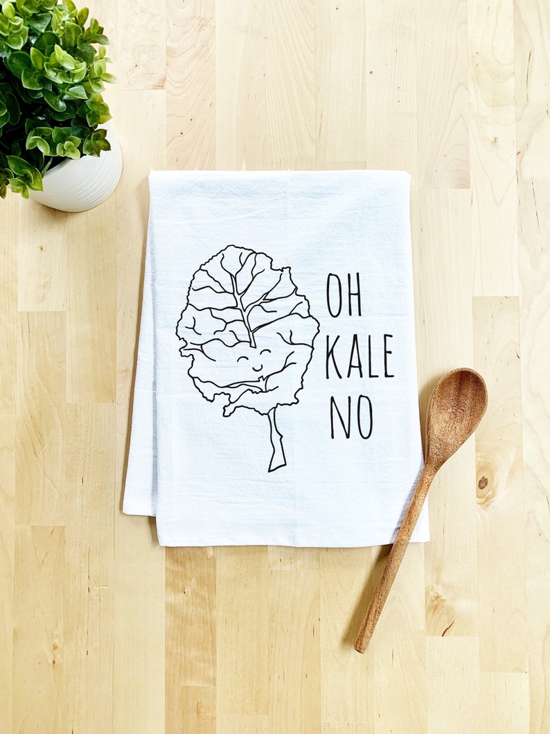 Flour Sack Dish Towel, Oh Kale No, Funny Dish Towel, Farmhouse Kitchen Decor Housewarming Anniversary Gift, White or Gray image 2