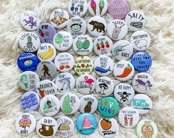 Funny 1" Pin Assortment - Choose 5 Pins - Taco, Whale, Sloth, Pizza, Kale, Miso, Puns, Pineapples, Flamingo, Buttons, Badges