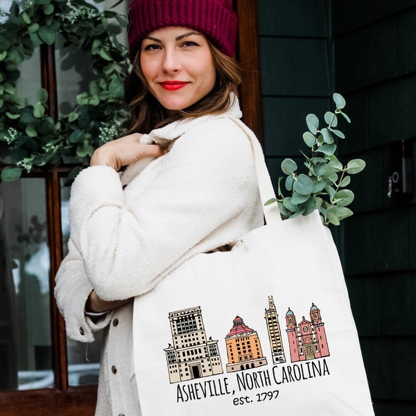 Downtown Asheville NC, North Carolina City, 100% Cotton Canvas, Natural Tote Bag, Full-Color Tote, Original Design